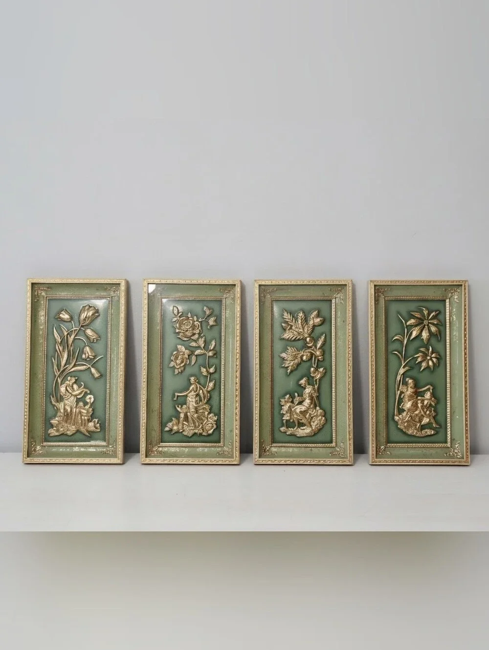 Vintage MCM Metalcraft Four Seasons Wall Art Plaques Set of 4 Green Gold
